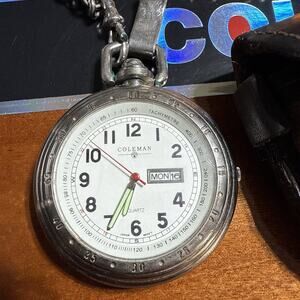Coleman Pocket Watch SilverTone Cream Dial Japan Movement Needs Battery Untested